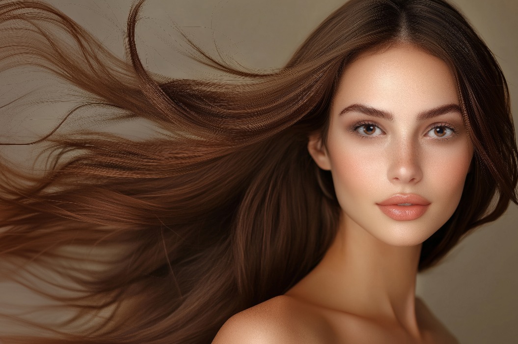 Porträt einer Brünetten mit glattem, zur Seite fließendem Haar